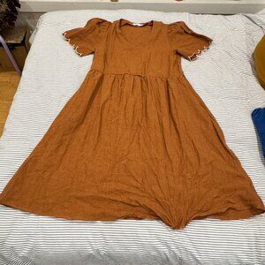 Scalloped sleeve 100% linen dress, midi, burnt orange / ochre